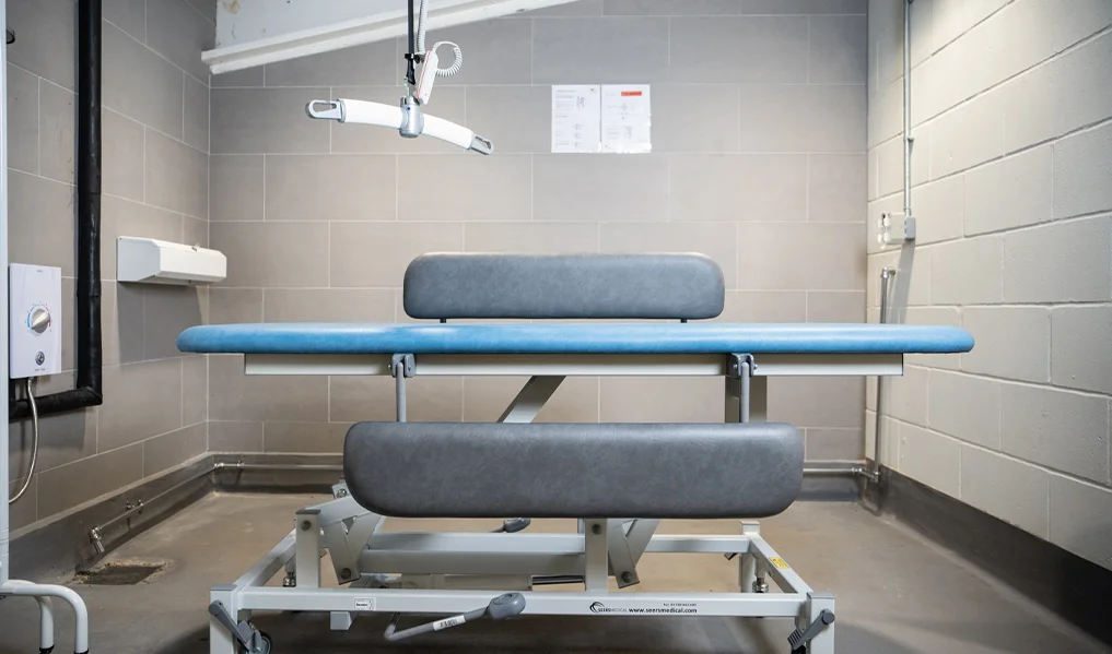 Adjustable shower trolleys in a hygiene room