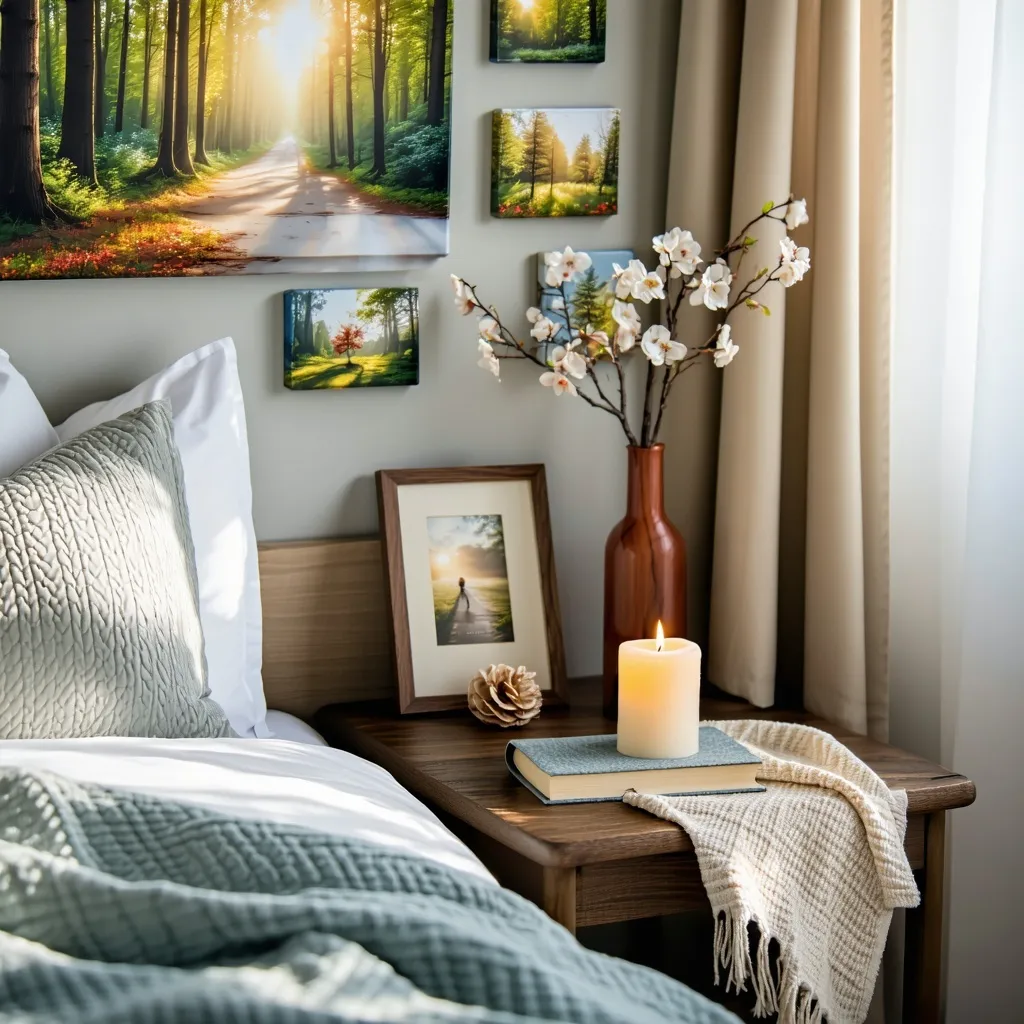 hospice environment personalized with favorite photographs family heirlooms personal artwork cozy throw blanket wellloved book scented candle on a bedside table creating a comforting and familiar atmosphere 