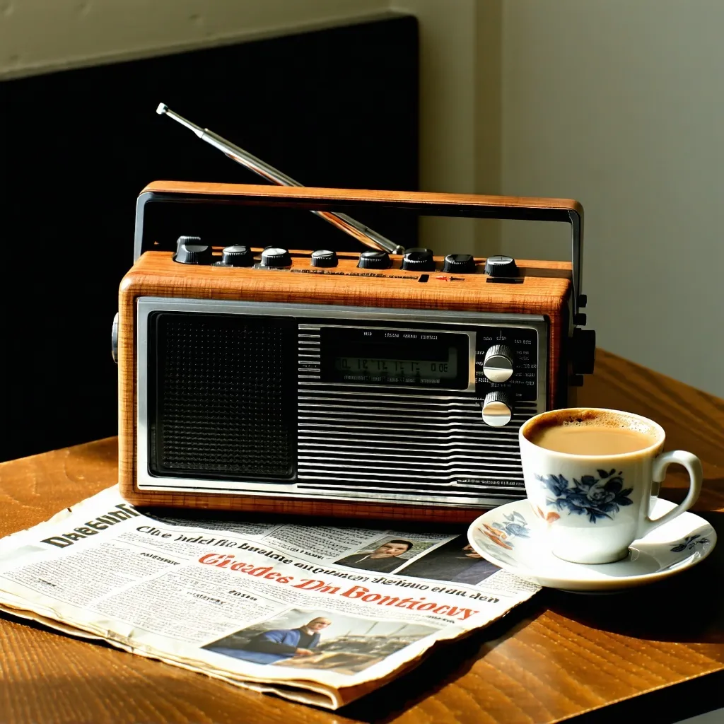 old fashioned FM radio with a cup of hot drink next to it on a table with a newspaper
